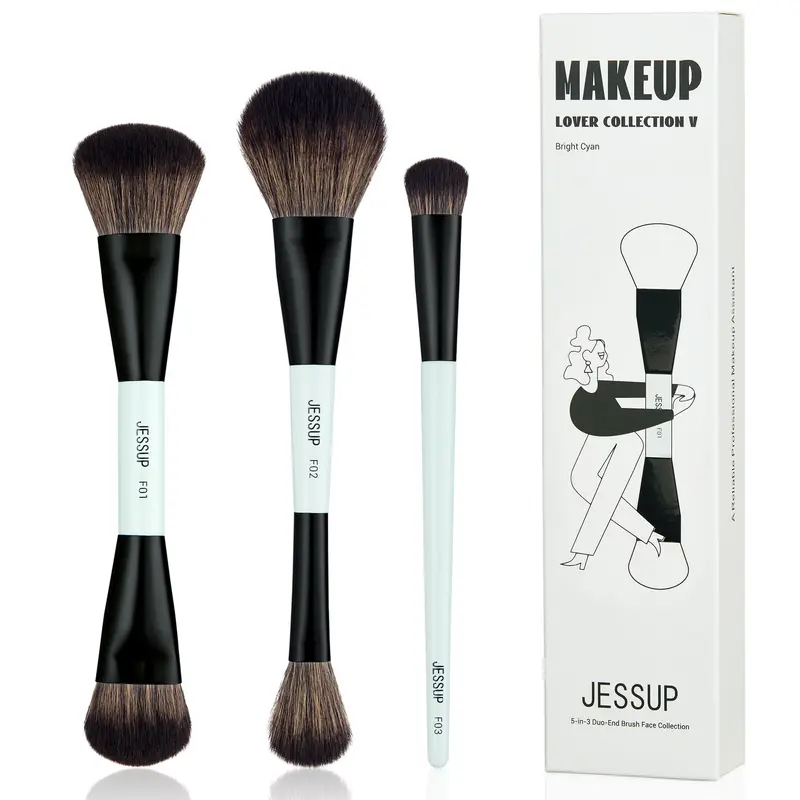 Jessup Brosses Visage Bleu – Ensemble 3 Pièces à Double Extrémité pour Fond de Teint, Contourage et Blush
