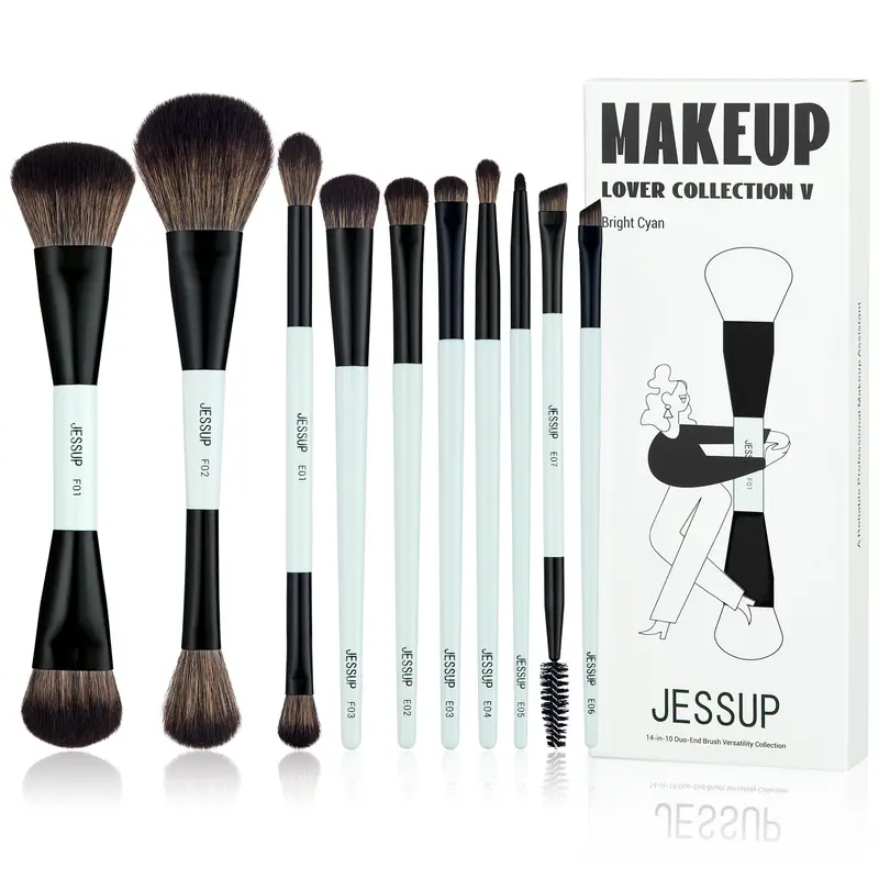 Jessup Ensemble Pinceaux Maquillage 10 pièces – Double-face visage et yeux, poignée cyan, sans cruauté envers les animaux