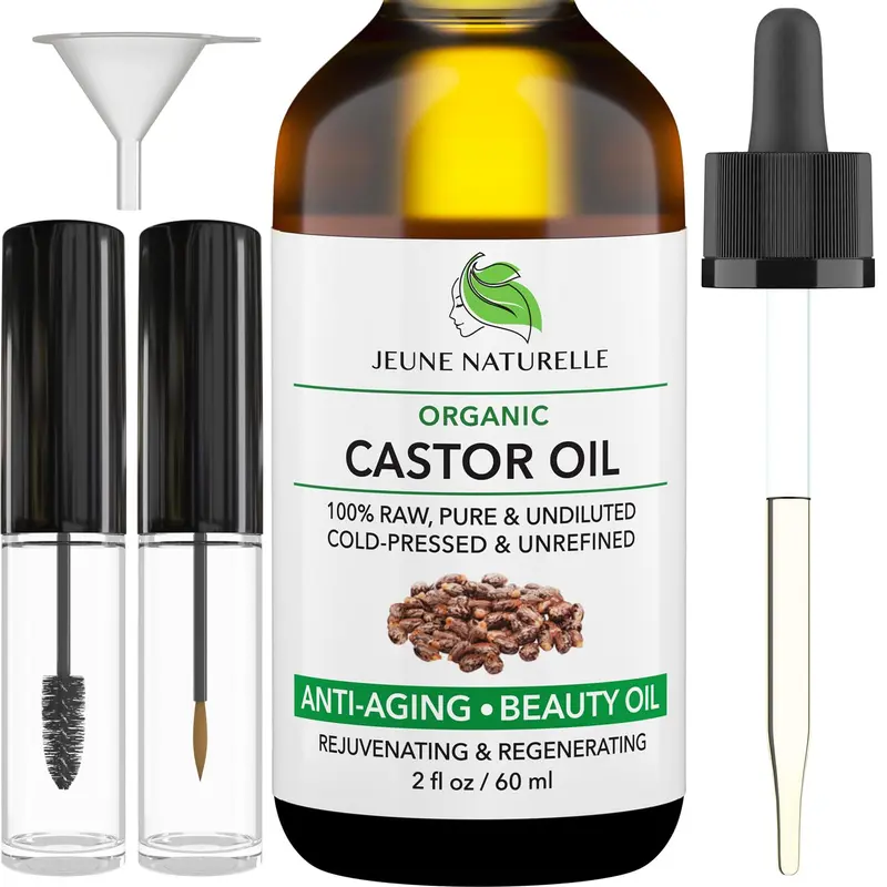 Jeune Naturelle Huile de Ricin Biologique, Pressée à Froid, Pure et Vierge – 2 oz, Sans Hexane, Pour Cheveux, Visage, Cils et Sourcils