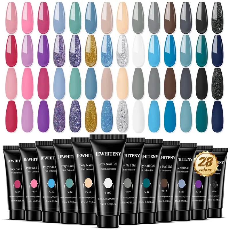 JEWHITENY – Ensemble Gel Poly Ongles 28 Couleurs (15 ml) – Nude, Rose, Brun, Gris, Bleu, Jaune – Manucure DIY et Salon