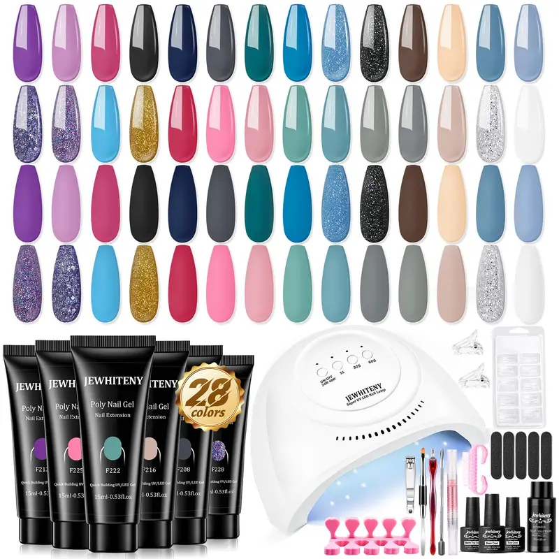 JEWHITENY Kit Gel Ongles Poly 28 Couleurs — Base, Top Coat, Lampe LED 6W Pour Débutants