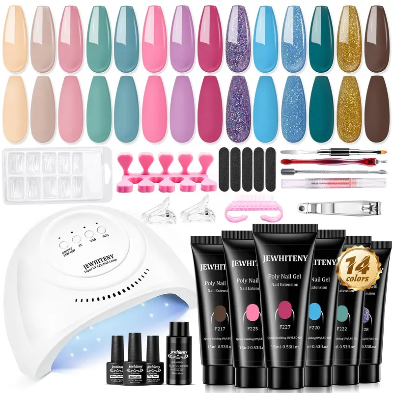 JEWHITENY Kit Gel polymère dextension – 14 couleurs, Lampe UV 48W, Base et Finition, Outils Ongles