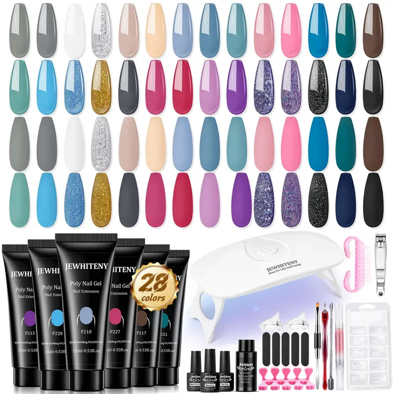 JEWHITENY Kit Poly Gel Ongles – 28 Couleurs Nude et Gris, Lampe, Base et Couches de Finition