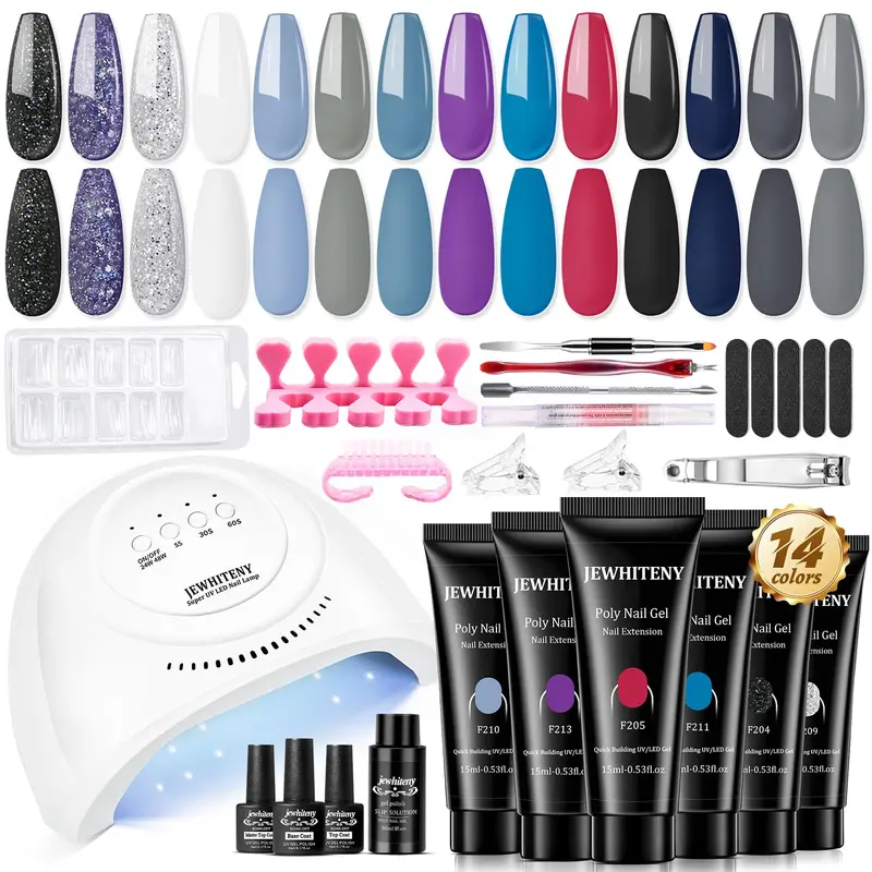 JEWHITENY Poly Nail Gel Kit – 14 coloris & lampe 48W, kit tout-en-un DIY Ongles à Domicile