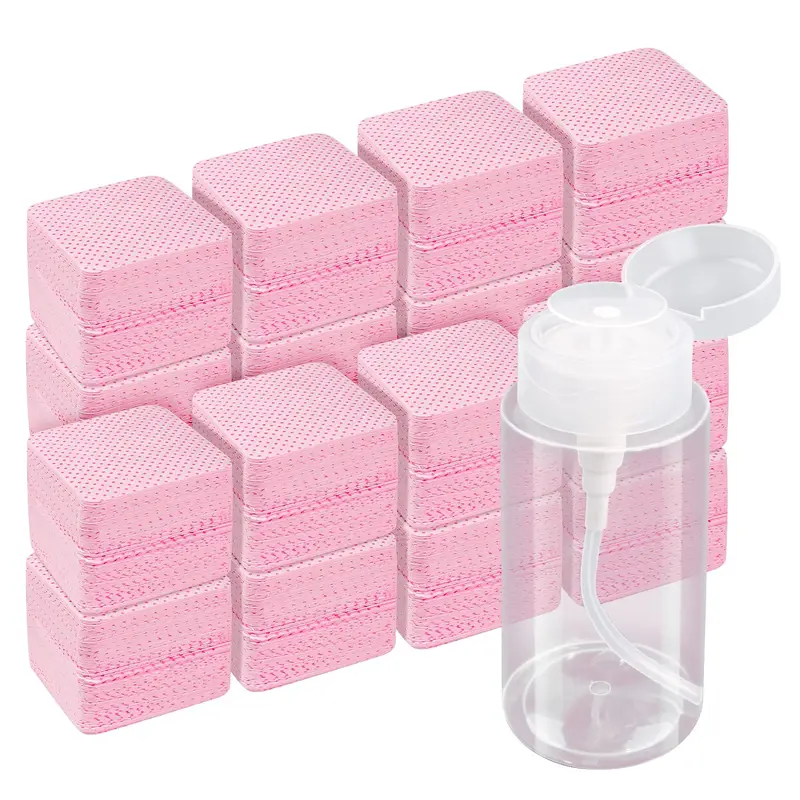 JIASHENG – Lingettes non pelucheuses roses pour ongles et extensions de cils, lot 1080, absorbantes, flacon pompe et dissolvant vernis