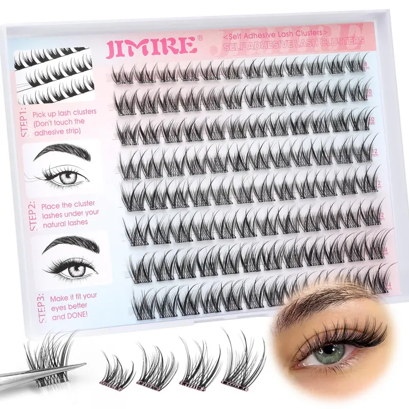 JIMIRE Cils Clusters Auto-Adhésifs Wispy D-Curl 8–14 mm – Pose Facile Sans Colle