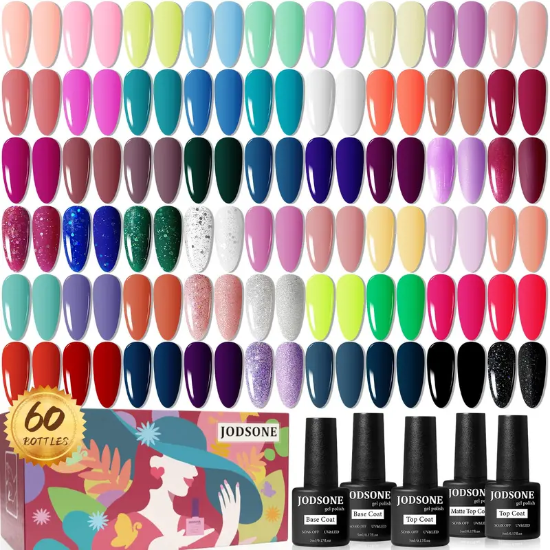 JODSONE Kit Vernis Gel – 60 pièces, 55 coloris (clair et foncé) avec Base et Top Coat mat et brillant
