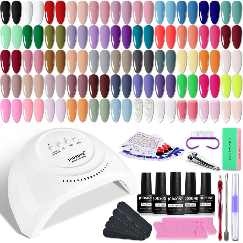 JODSONE Kit Vernis Gel 60 Pièces avec Lampe UV – 55 Teintes Brillantes + Base et Top Coat