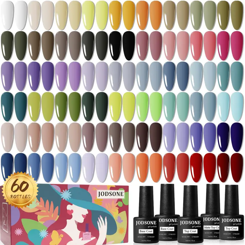 JODSONE – Kit Vernis Gel 60 Pièces – Base et Top Coat Mat et Brillant, DIY Manucure à Domicile