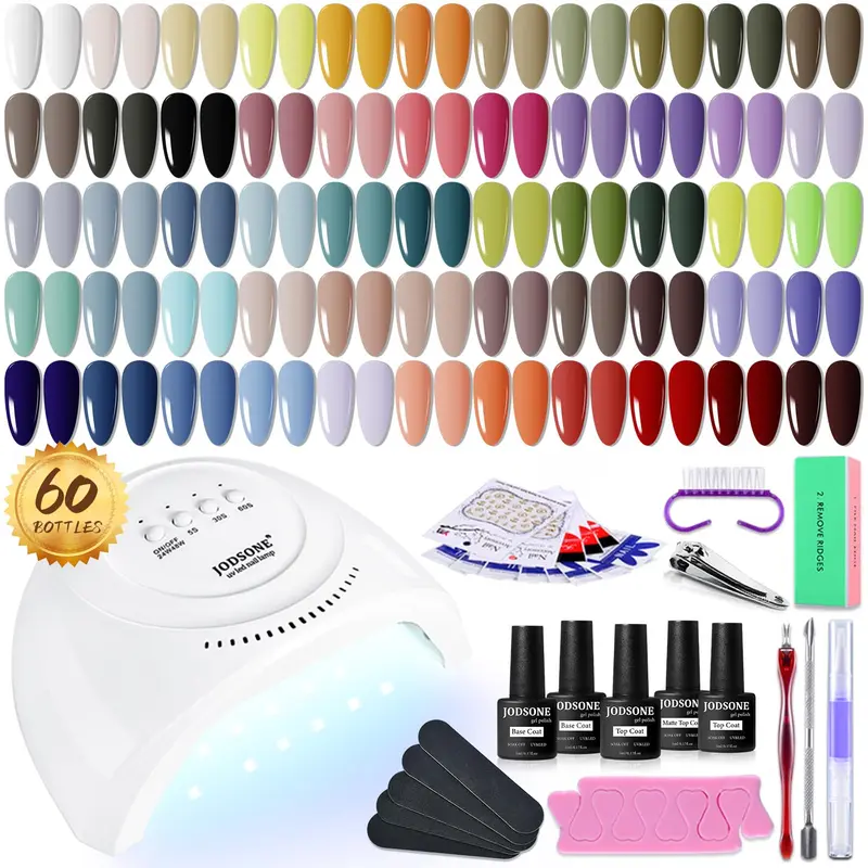 JODSONE Kit Vernis Gel avec Lampe UV – 60 pièces, 55 coloris, bases et couches de finition