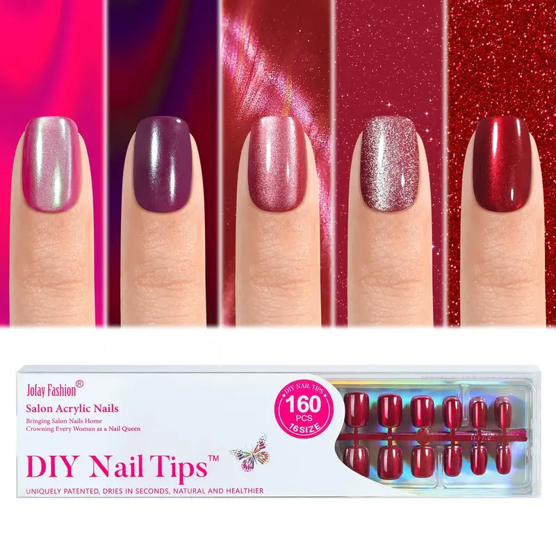 Jofay Fashion Ongles Collants Cat Eye Rouge – 5 Styles, Courts Carrés, Gel Doux, 160 Pièces, 16 Tailles
