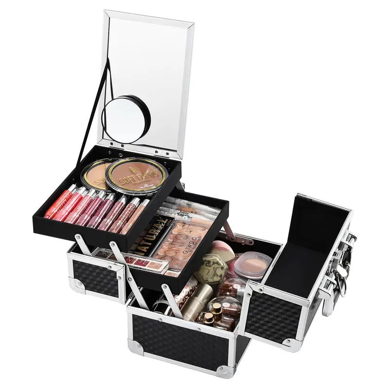 Joligrace Coffret Maquillage Noir – Miroir, 2 Plateaux, Portable et Verrouillable
