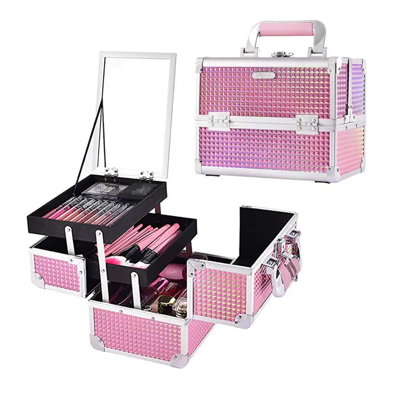Joligrace Coffret Maquillage Train Case Rose Sirène – Miroir, 2 Plateaux, Étanche et Portable