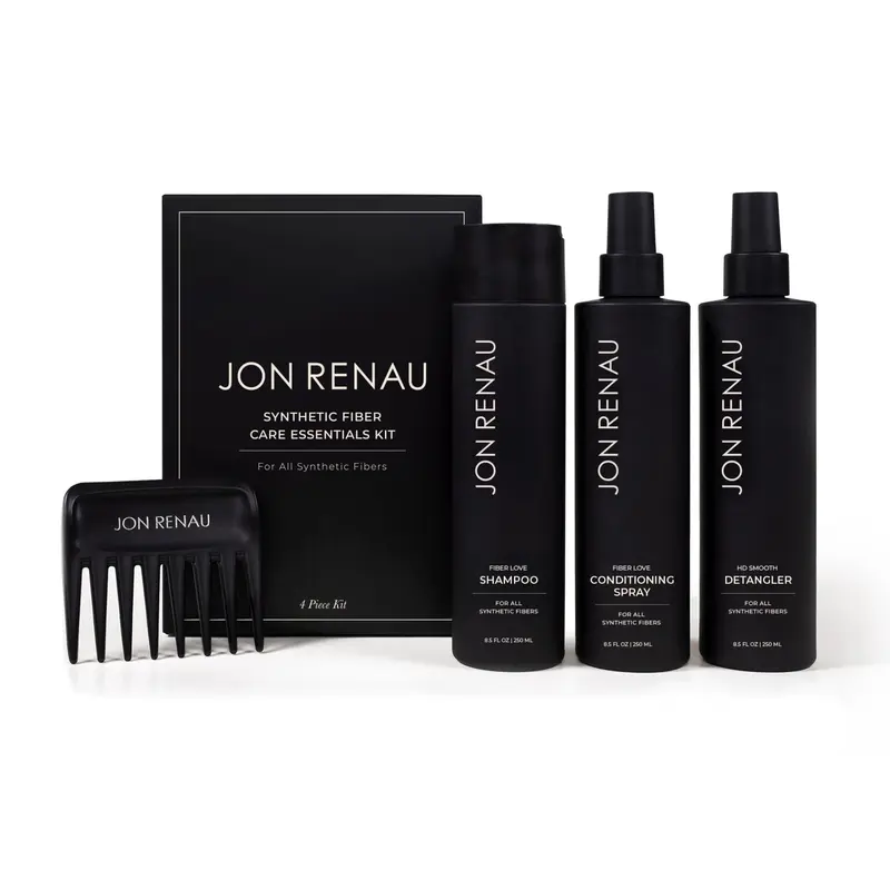 Jon Renau Kit Soin Fibres Synthétiques – Shampoing, Démêlant et Peigne Large (4 pièces)