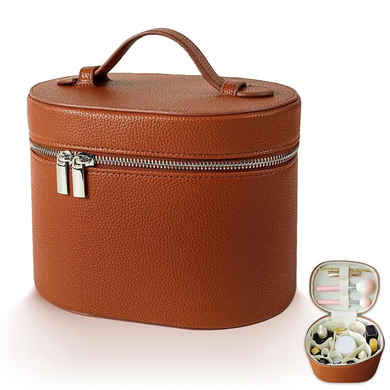 JOVOLIFE Sac Maquillage Cuir Imperméable – Compartiments Amovibles, Fermetures Doubles, Poignée, Marron