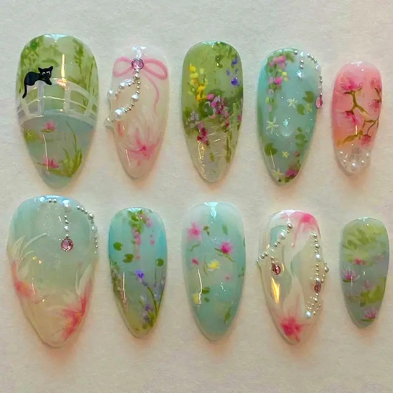 Jremg Ongles press-on amande bleu-vert avec perles – fleurs & nœud brillant, 24 pièces