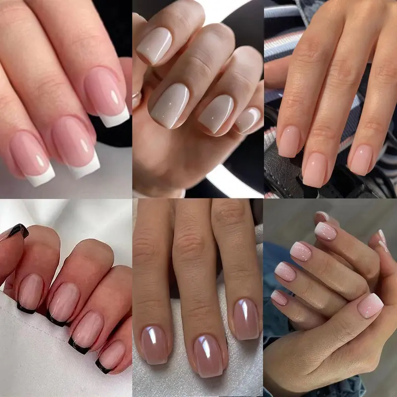 Jsiallye | 6 paquets (144 pièces) Ongles press-on French tip – Nude glacé, dégradé – Colle sur ongles – 12 tailles