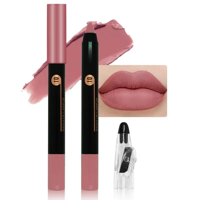 JUAAZIN Crayon Lèvres Matte Rose Poudreux – Étanche, Longue Tenue 12h, Avec Taille-Crayon