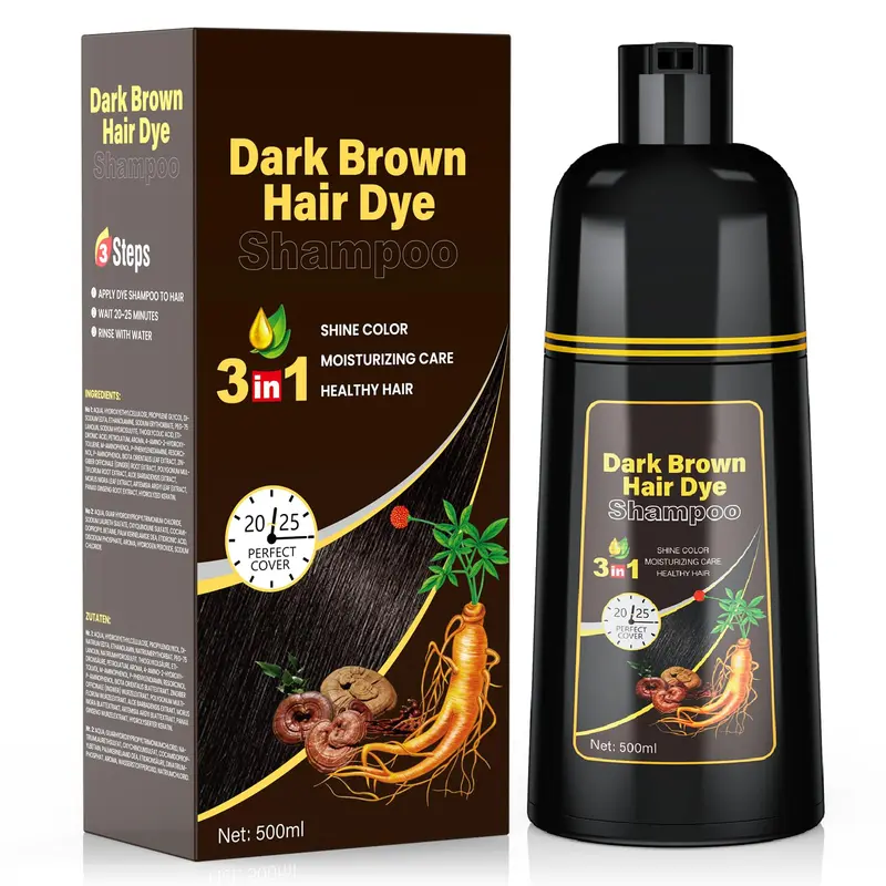 JUANCHI Shampoing-colorant Brun Foncé 3 en 1 — Couleur durable sans ammoniac, 500 ml