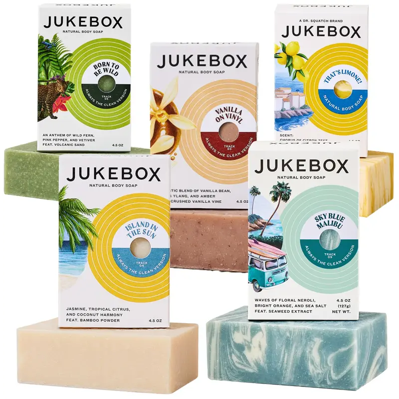 JUKEBOX – Pack Savons Naturels en Barre (5 parfums) Île au Soleil, C’est Limone, Vanille sur Vinyle, Né pour être Sauvage, Ciel Bleu Malibu