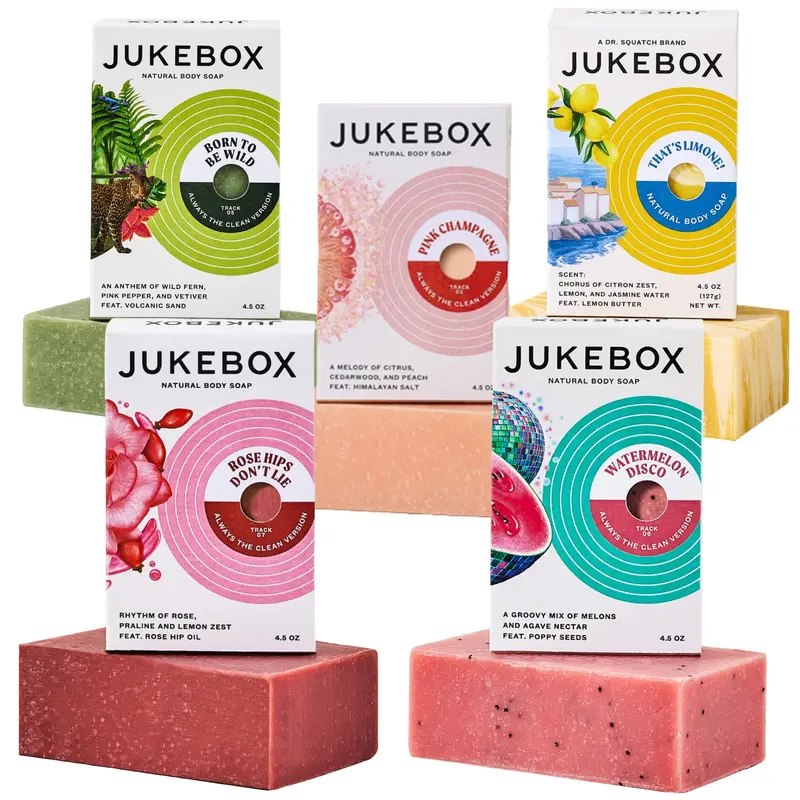 JUKEBOX Savons Solides Naturels – Watermelon Disco, Born To Be Wil, Rose Hips Don't Lie, Pink Champagne, That's Limone – Lot 5x4,5 oz
