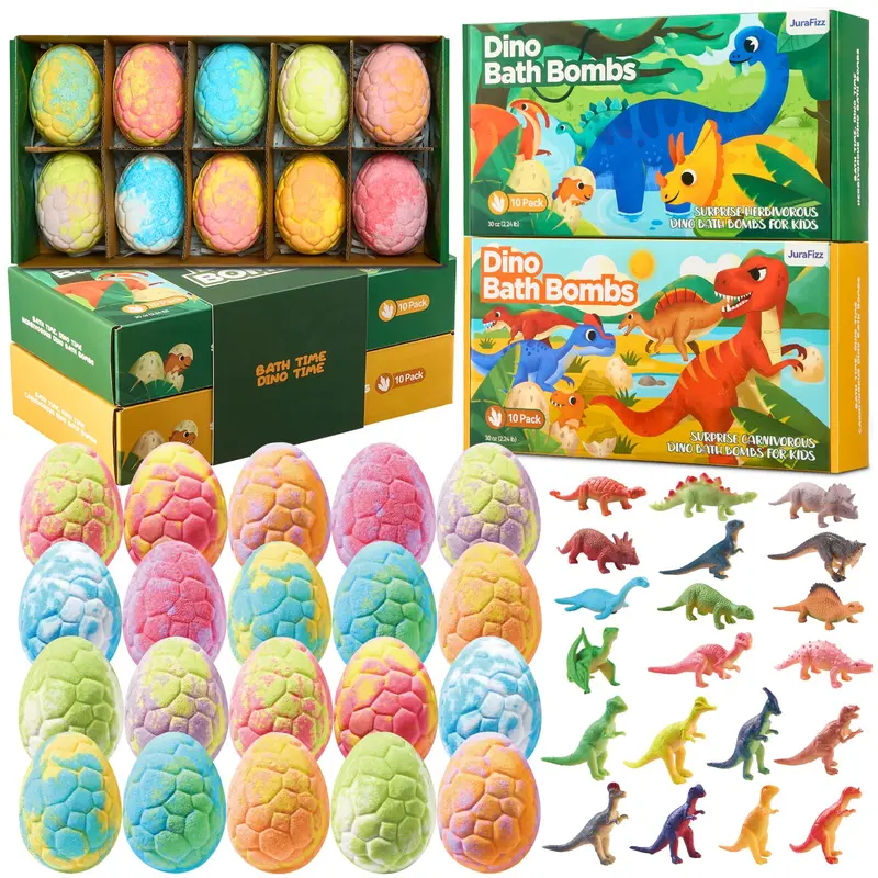 JuraFizz Bombes de Bain Dinosaures – 20 pièces avec surprise, jouets exclusifs carnivores et herbivores