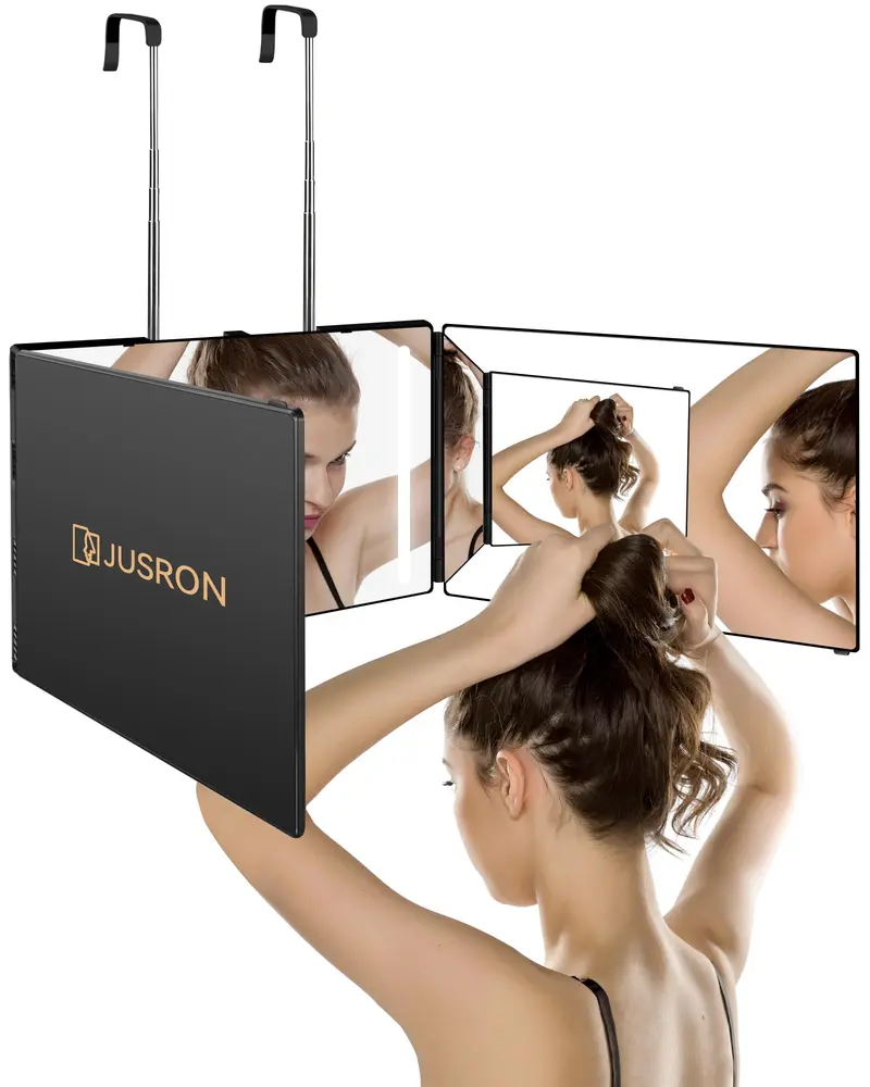 JUSRON Miroir Coiffure 360° – Anti-brouillard, LED Rechargeable, Hauteur Réglable
