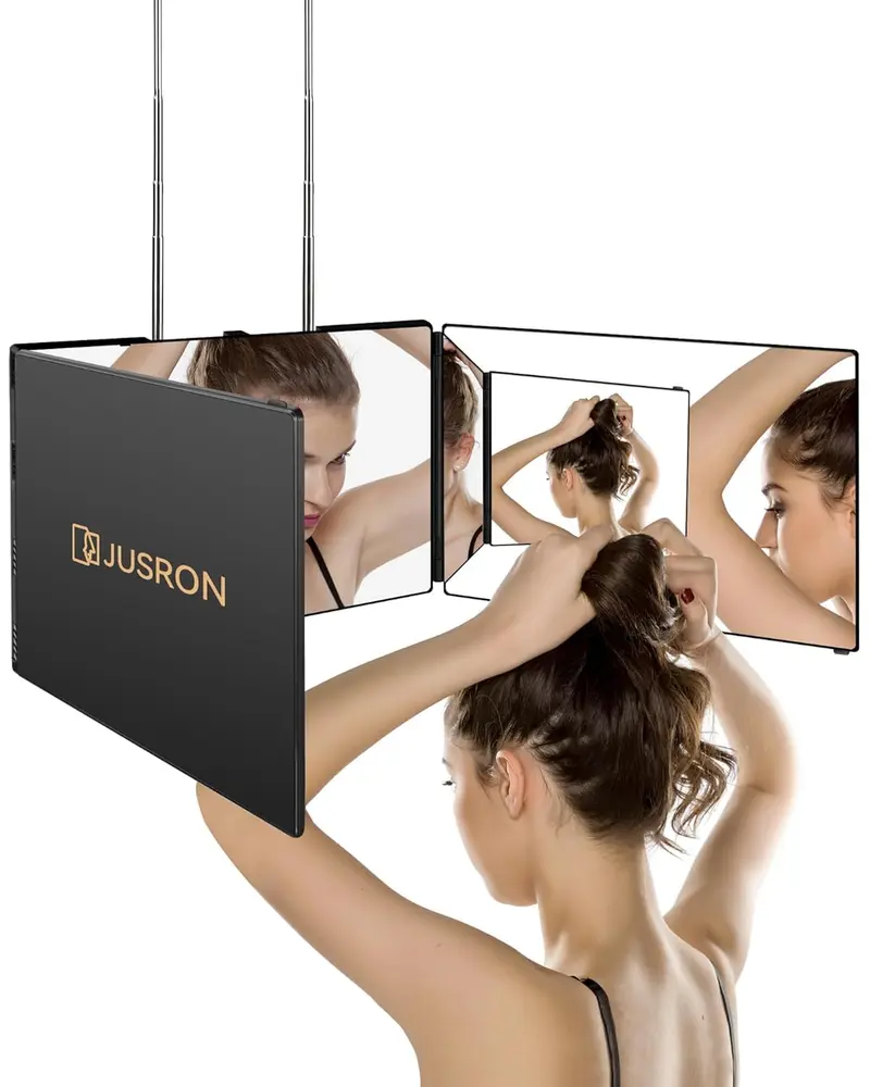 JUSRON Miroir Coiffure à 360° – Verre haute définition clair anti-brouillard (Noir, sans LED, sans accessoires)