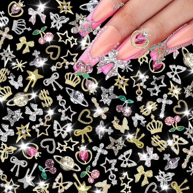 KACHIMOO Charms Ongles – 120 Pièces Argent et Or, 21 Styles | Papillon, Étoile, Croix et plus