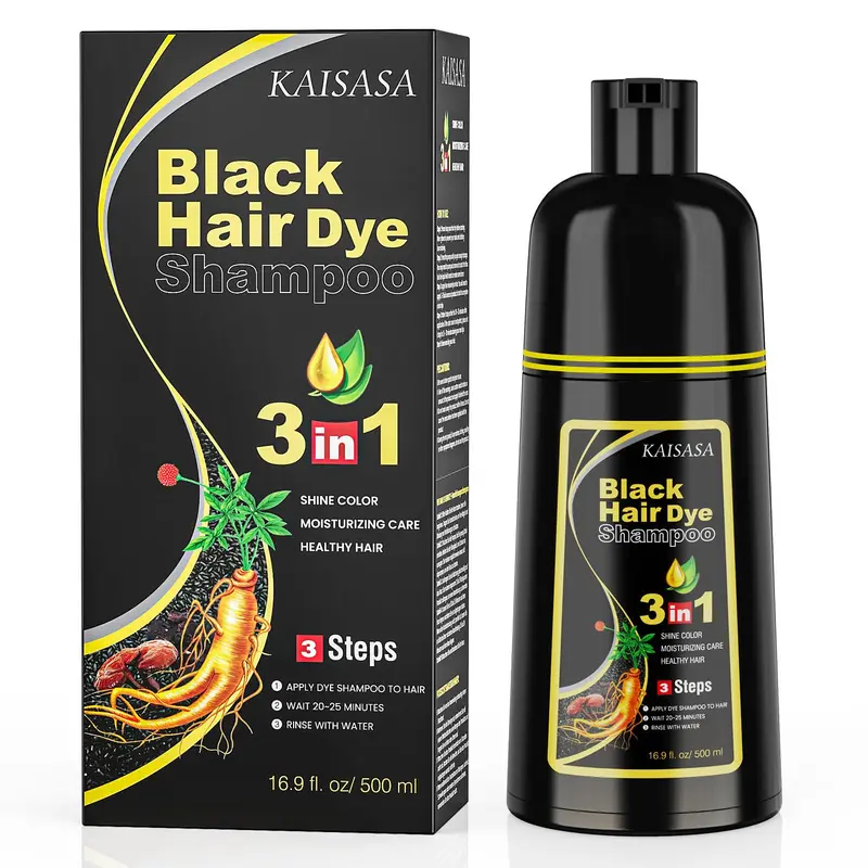 KAISASA Shampoing Colorant 3 en 1 Noir pour Cheveux Gris – Couverture 100% (500 ml)