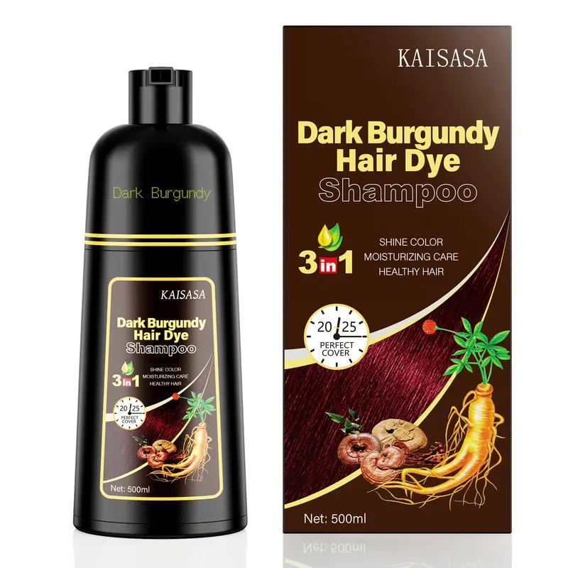 KAISASA Shampoing Coloration 3 en 1 – Bordeaux Sombre, 500 ml, Pour Tous Types de Cheveux