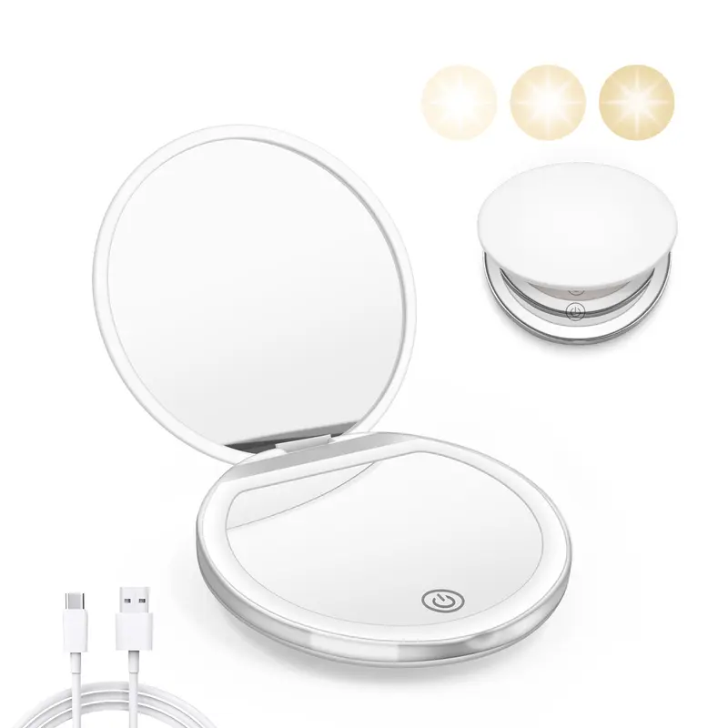 Kakuje Miroir Compact avec Lumière – 1X/3X, LED, USB, Poche et Voyage (Blanc)