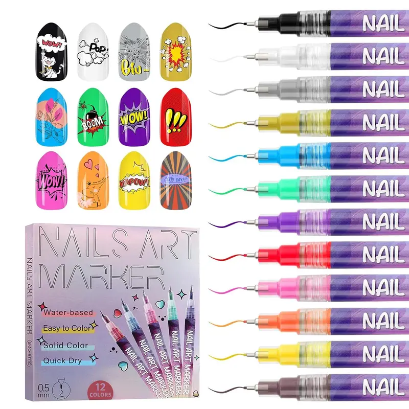 Kalolary – Ensemble de 12 Stylos Nail Art Acryliques, Pointe 0,5 mm, Dessins et Détails Ongles