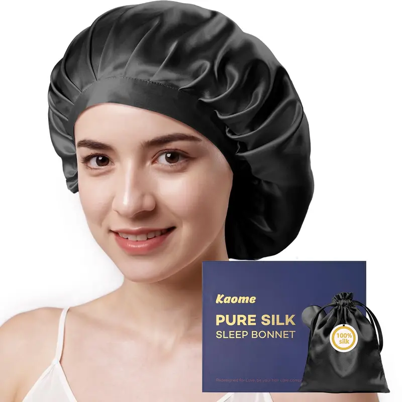 Kaome Bonnet en soie de mûrier 22 Momme — Double couche, anti-glissement, noir