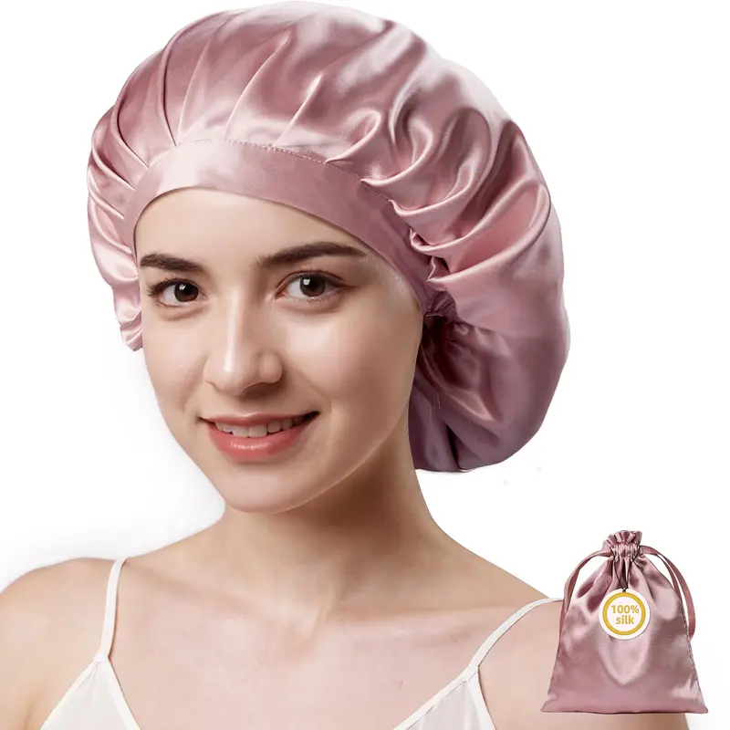 Kaome | Bonnet en Soie Mulberry 22 Momme – Grand Taille, Anti‑Glisse, Rose