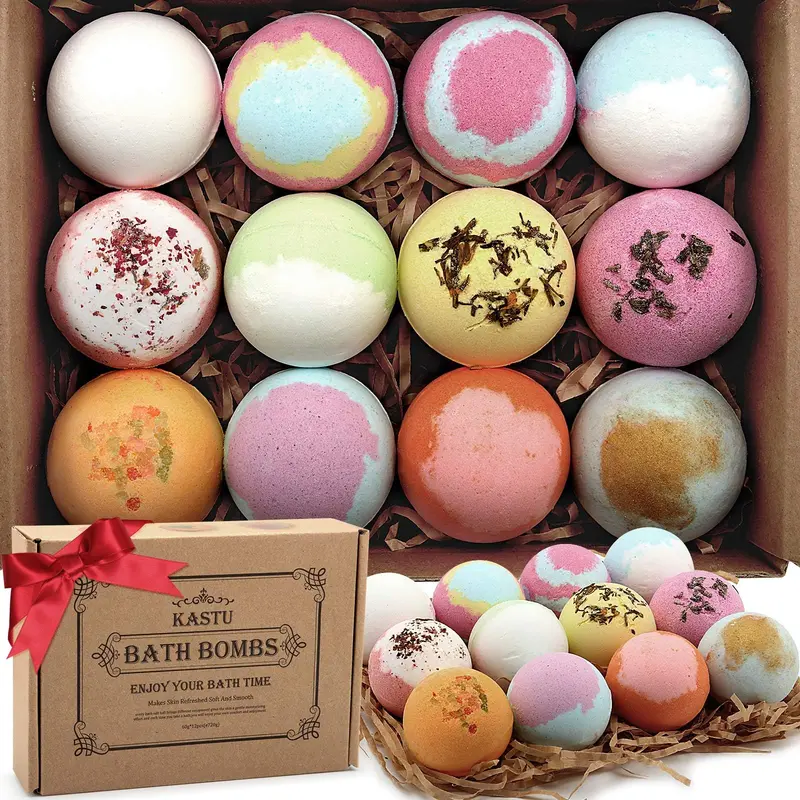KASTU Boules de Bain Sels – Coffret Cadeau 12 Pièces, Huiles Essentielles Vanille Menthe Rose, Hydratation et Spa Effervescent