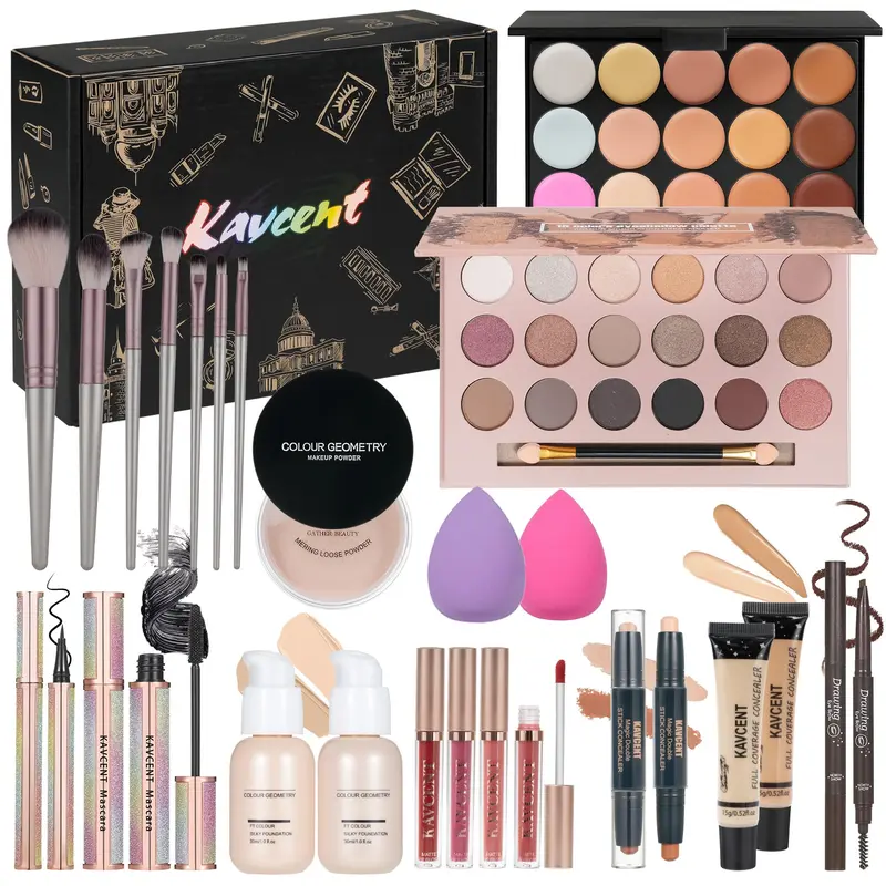KAVCENT Coffret Maquillage Tout-en-Un – Palette 18 Ombres, Fond de Teint et Accessoires