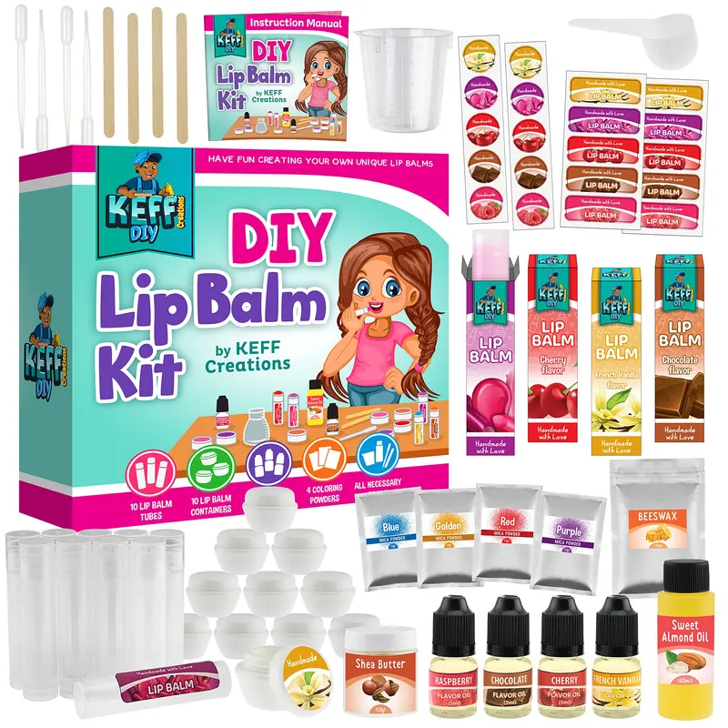 KEFF Kit 51 pièces – Créez vos baumes et brillants naturels à lèvres – Coffret à faire soi-même pour enfants