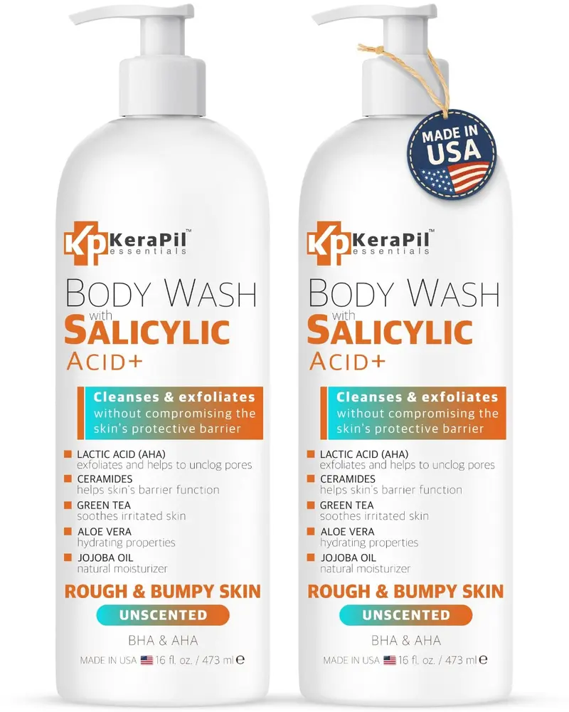 KERAPIL Lave-Corps à l'Acide Salicylique — Exfoliation douce, sans dessèchement, KP et acné corporelle, sans parfum, fabriqué aux États-Unis – 2 × 473 ml