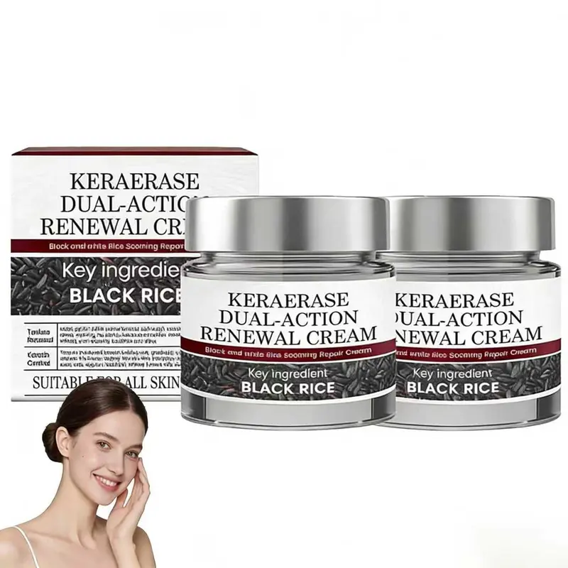Keratin Erase Crème de Renouvellement Double-Action – Soin apaisant au riz noir et riz blanc, sérum hydratant pour peau plus lisse, tout type de peau (deux pièces)