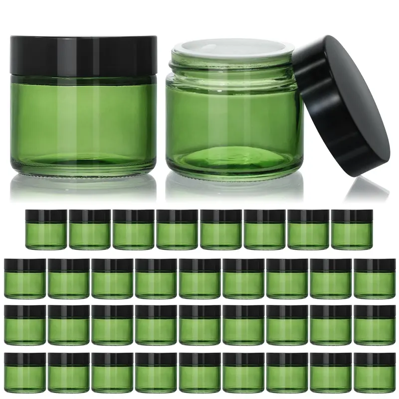 KEYWING Bocal en Verre Vert 2oz – Lot de 35 Pots Cosmétiques avec Couvercles Noirs et Liners Intérieurs