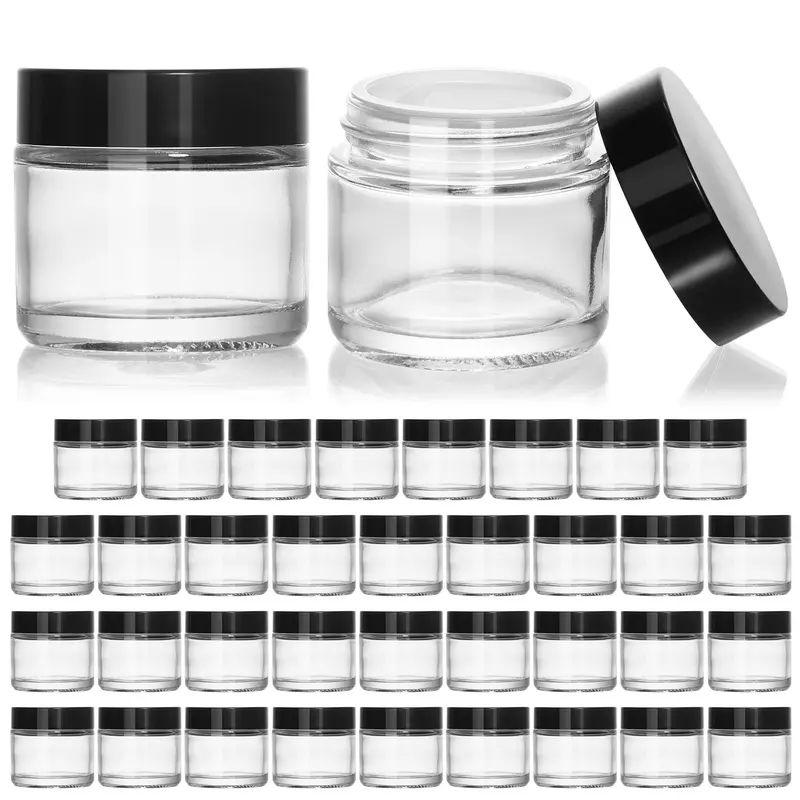 KEYWING Pots en verre 2oz – Lot de 35 avec couvercle noir et liner intérieur pour lotions, poudres et pommades