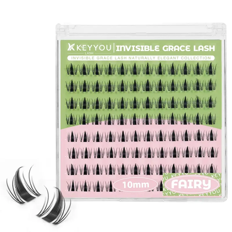KEYYOU Cils en grappes Fairy – 96 pièces, courbe D, effet manga, bande invisible, étanche, pose à domicile (Fairy-D-10MM)