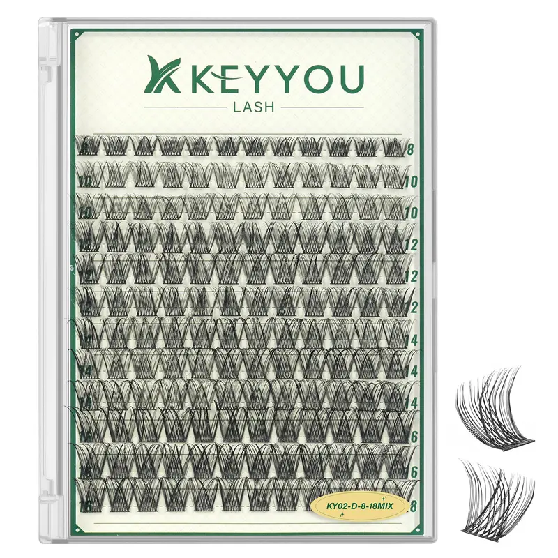 KEYYOU – Grappes de cils naturels, style léger et aérien, 144 pièces (KY02-8-18MIX) pour application à domicile