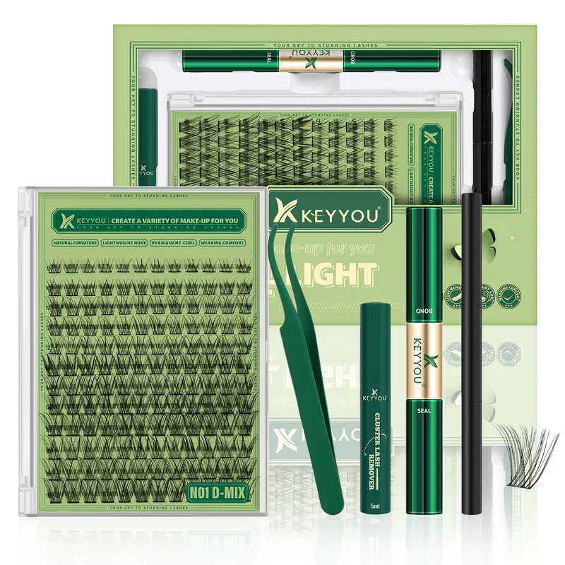 KEYYOU Kit Clusters Cils – 144 pièces, Extensions à faire soi-même en D Curl 8-18MIX, avec Colle, Sceau et Pinces