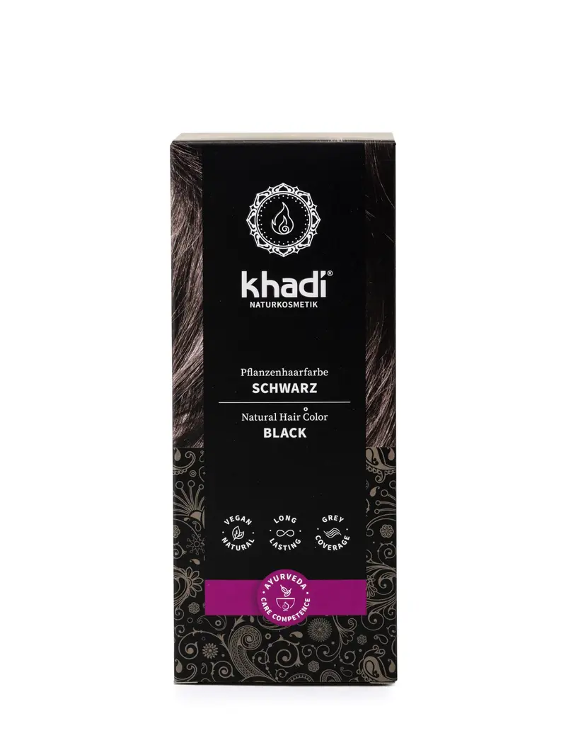 khadi BLACK Coloration naturelle pour cheveux — Noir profond sans reflet bleu — 100% végétale, naturelle et végan, 3,5 oz