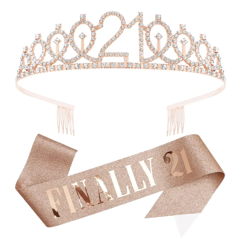 KICOSY Couronne et Bandeau d’Anniversaire 21e – Tiare Rose Doré et Cristaux