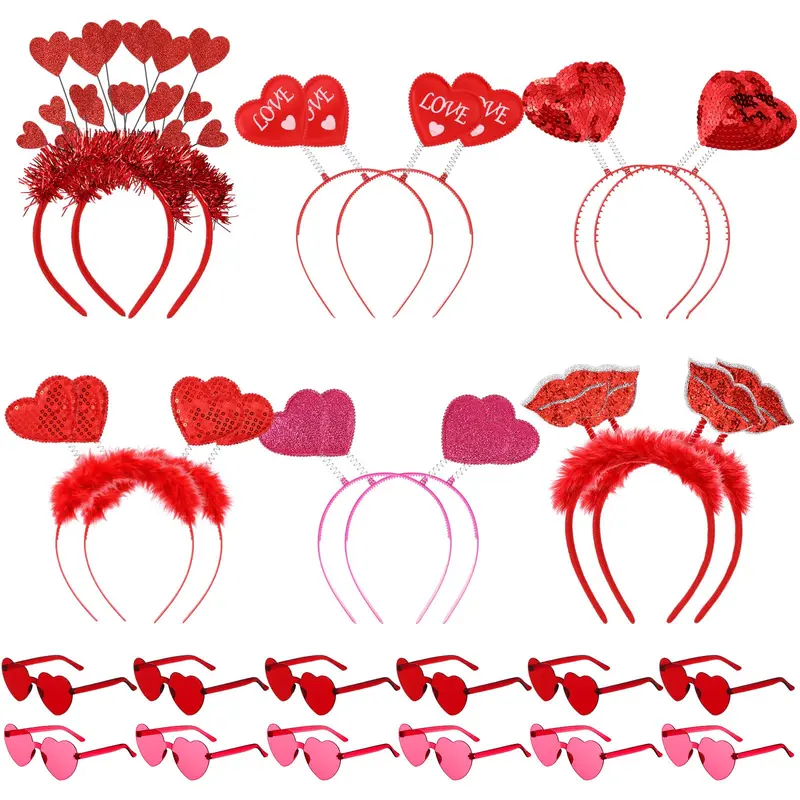 Kingdder – 12 ensembles bandeaux cœur et lunettes cœur, 6 formes pour Saint-Valentin et fêtes