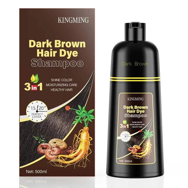 KINGMING Shampoing colorant brun foncé 3 en 1 – couverture des cheveux gris, 500 ml