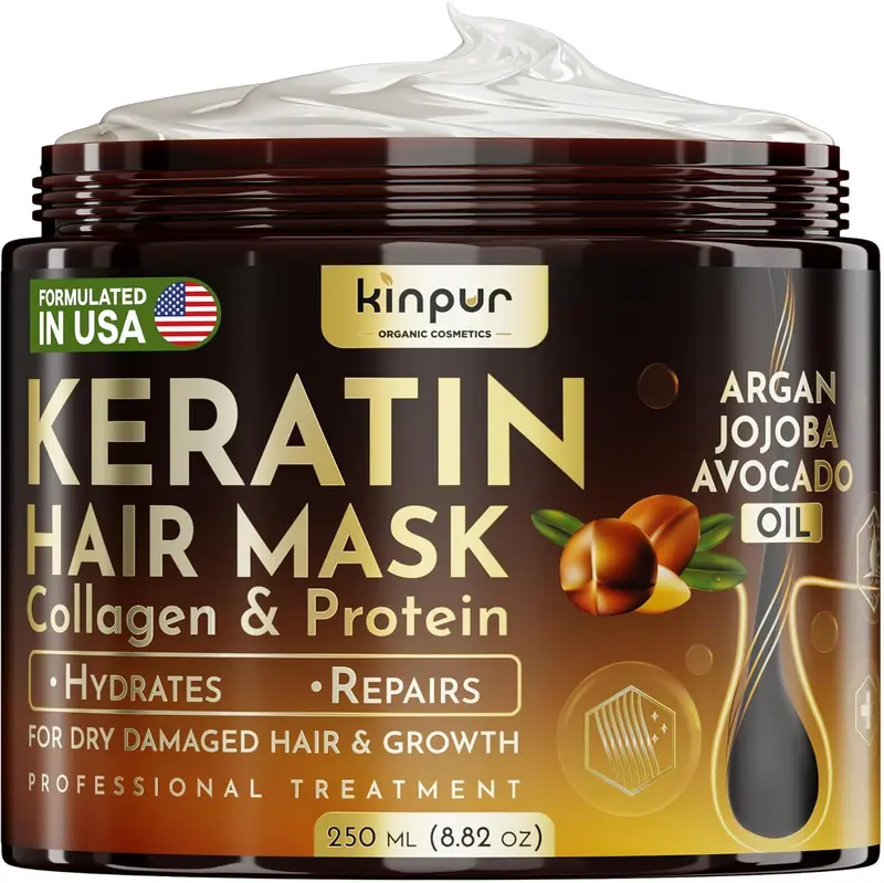 KINPUR ORGANIC COSMETICS Masque Kératine pour Cheveux Secs et Endommagés – Hydratation Profonde